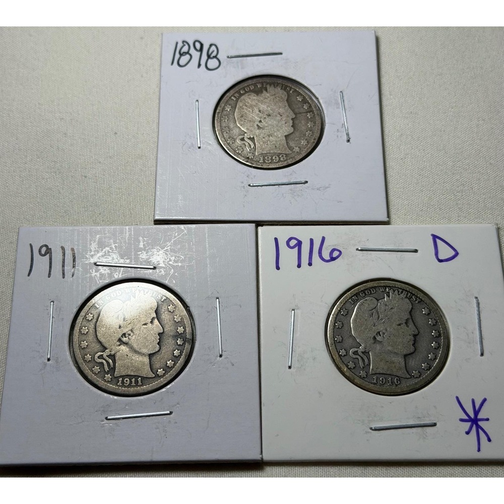 Lot of 3 Barber Quarters 1898 1911 1916-D US Silver Coins 25c Estate Find